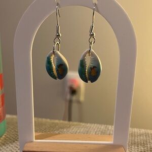 Blue and White Turtle Shell Drop Earrings - Beach-Inspired Jewelry